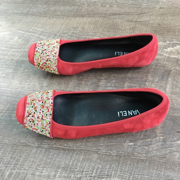 Vaneli Red Suede Multi Color Rhinestone Flats- 8N - Picture 2 of 8